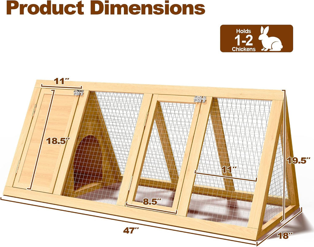 A-Frame Rabbit Hutch with Run, Wooden Bunny Cage Outdoor, 2-Door Weatherproof Small Animal House for Rabbits, Guinea Pigs, Quail & Chickens