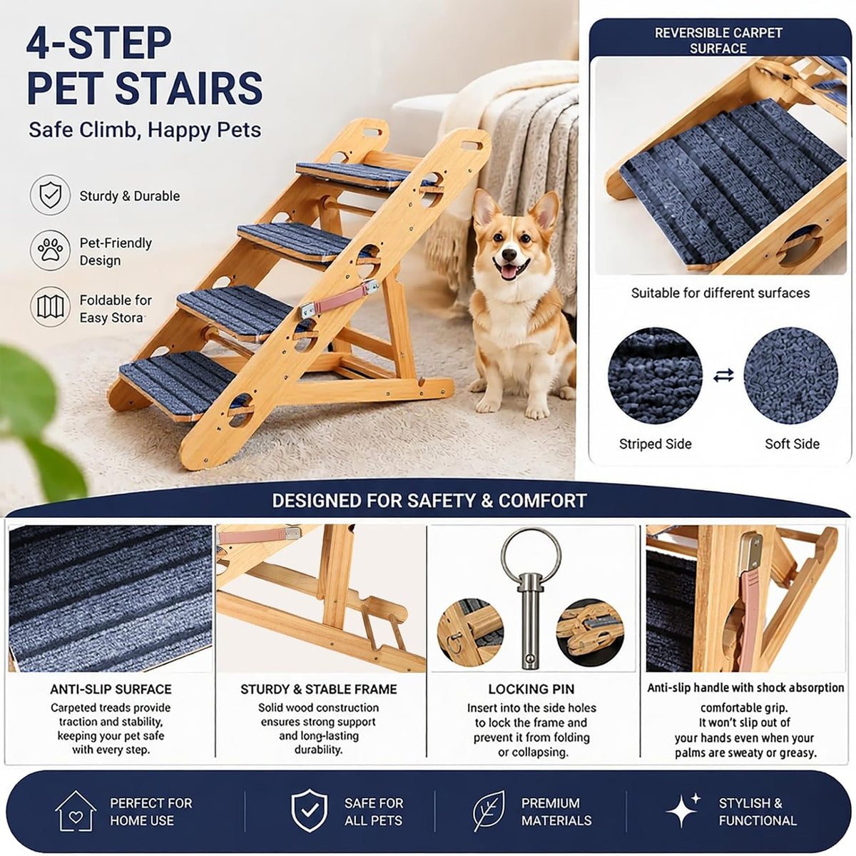 2-in-1 Convertible Dog Ramp & Stairs for Bed/Couch/Sofa, Foldable Pet Ramp Converts to Steps, Adjustable Height with Non-Slip Pad, Lightweight & Sturdy, Helps Senior & Small Dogs Climb Safely(4 Step)