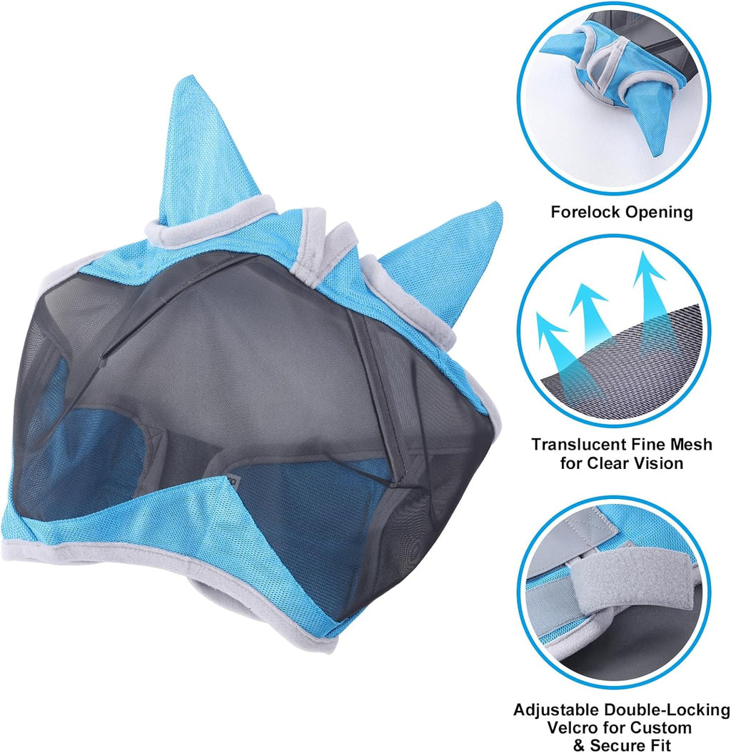 Horse Fly Mask with Ears, Breathable Fine Mesh Pale Blue Full