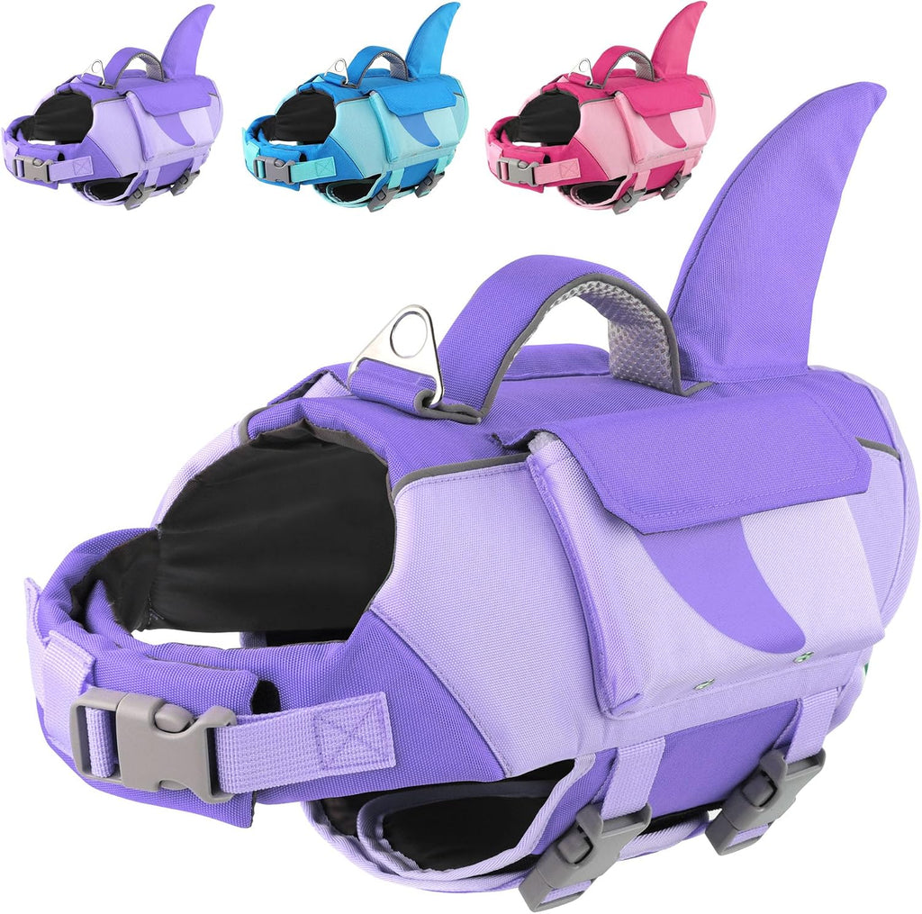 Dogcheer Shark Dog Life Jacket, High Buoyancy Dog Life Vest with Removable Foam Panels, Rescue Handle & Reflective Stripes, Dog Swimming Vest for Swim-Loving, Beginner, Senior & Weak Dogs, Purple XS