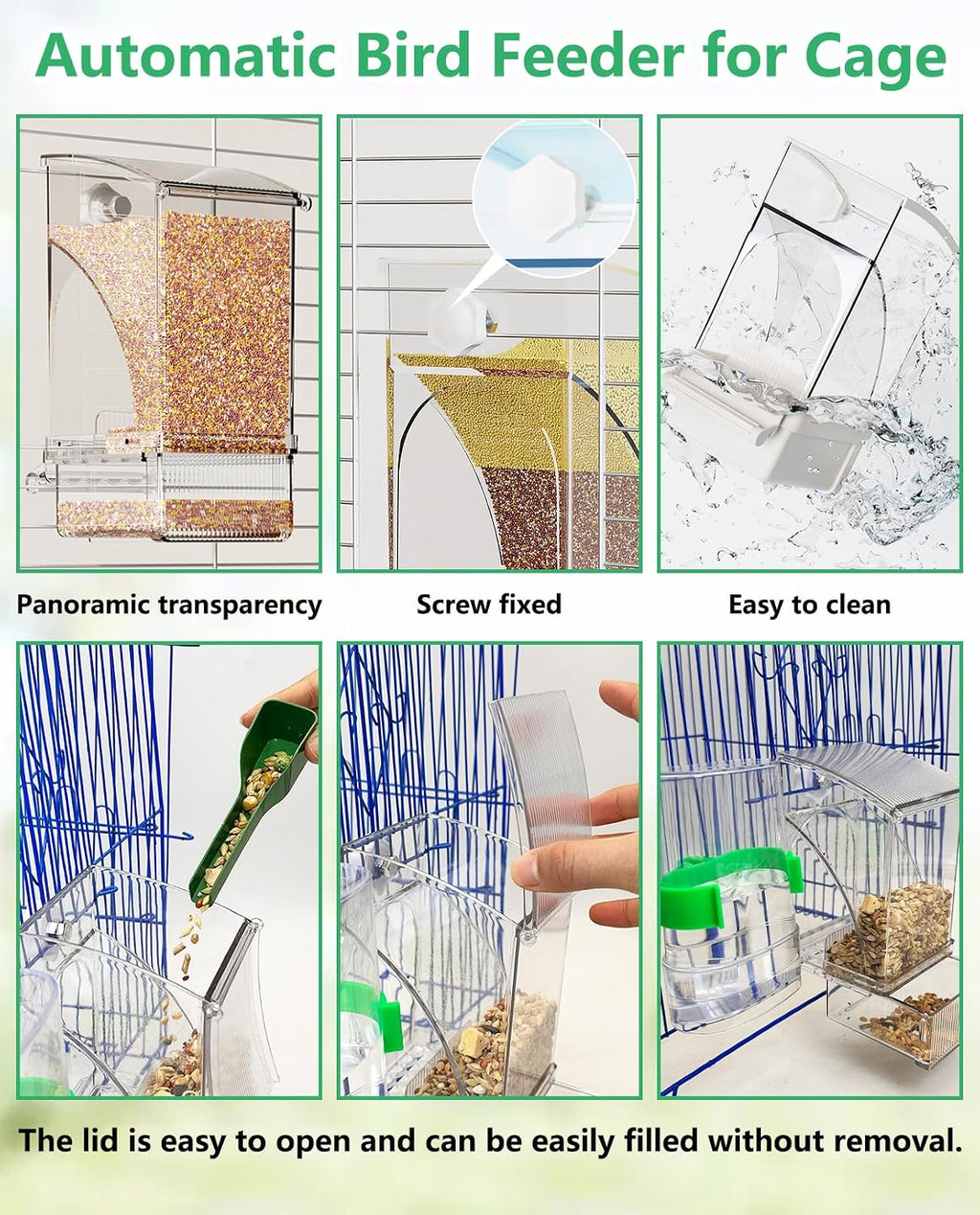 Hamiledyi 2Pcs No Mess Bird Feeder Automatic Bird Cage Feeder Transparent Acrylic Parrot Seed Food Container with Perch for Parakeet Finch Lovebirds Budgies Canary