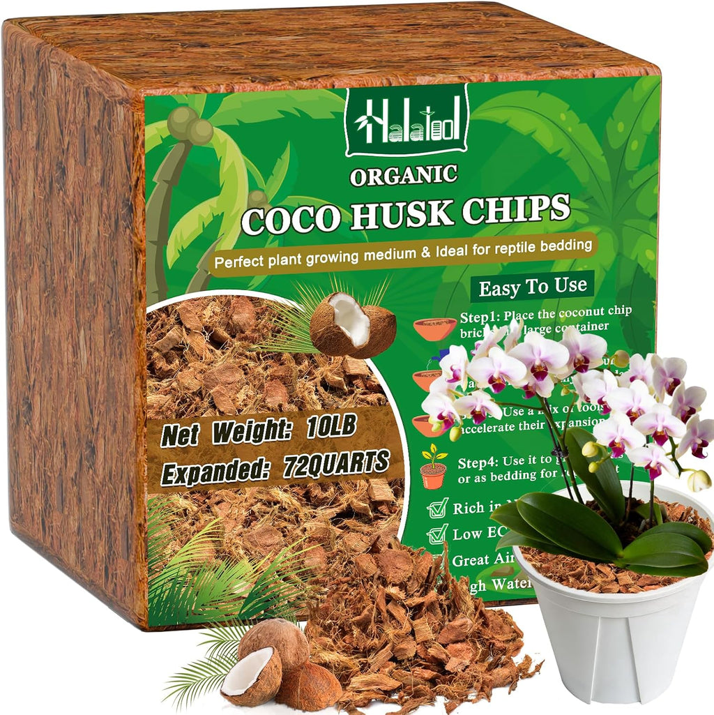 Halatool 10LBS Coco Husk Chips for Plants, Organic Coconut Mulch for Maintaining Moisture and Air & Absorb Water, Compressed Coco Soil Mix for Houseplant, Garden, Landscaping, Reptile Substrate