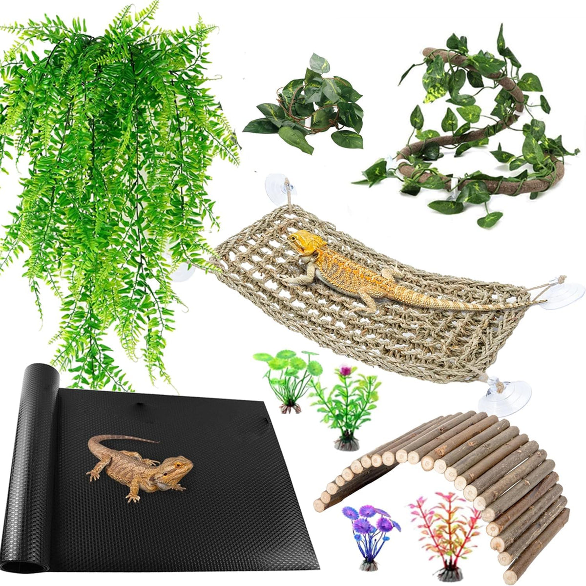 Bearded Dragon Tank Accessories, Reptile Mat Hammock Plants Bridge Jungle Climber Vines for Leopard Gecko Hermit Crab Lizard Snak (Bearded Dragon Tank Accessories (9 Piece))
