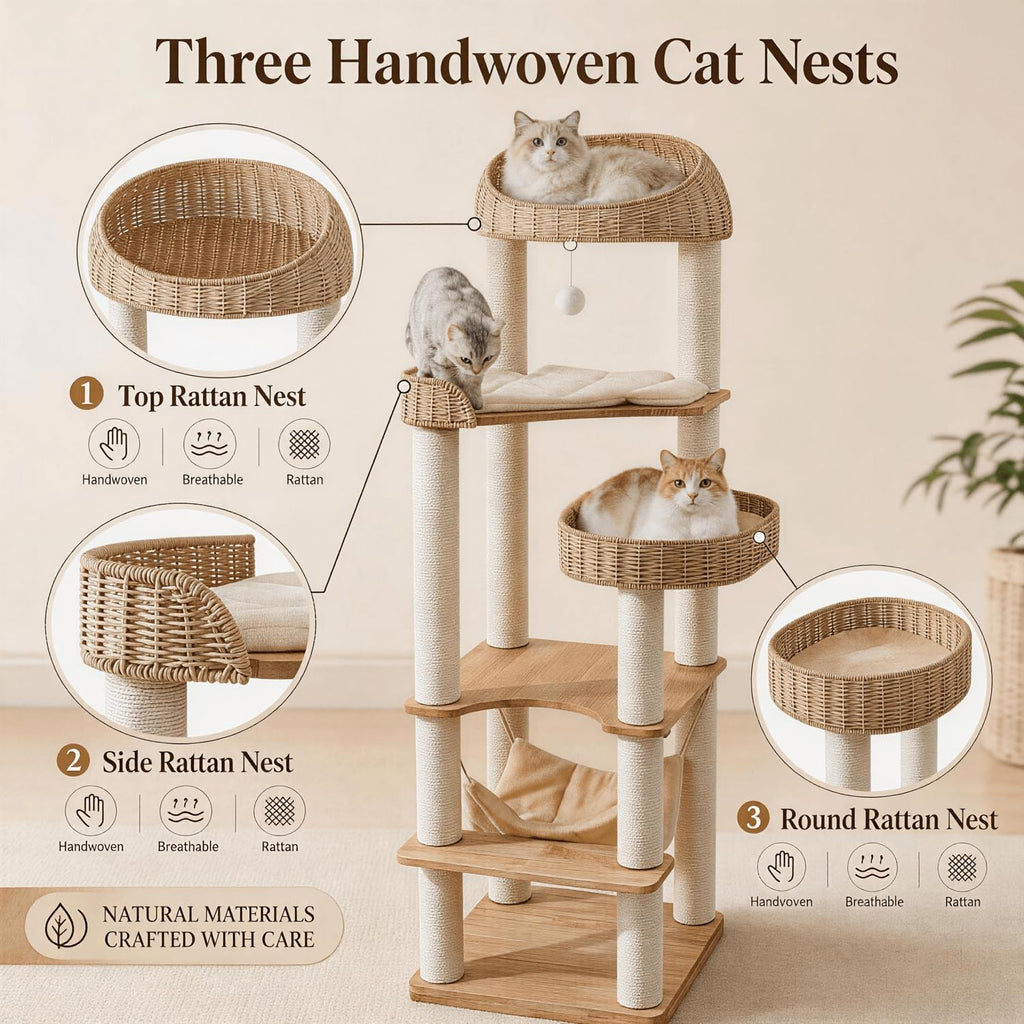 62in Wood Cat Tree for Large Cats, Heavy Duty Tall Cat Tower