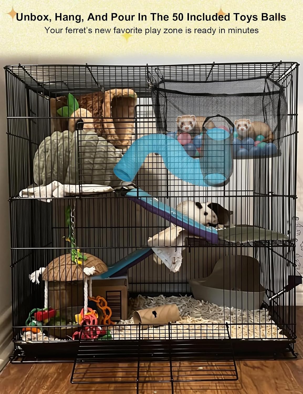 Ferret Ball Pit with 50 Pack Balls for Ferret Cage - Ferret Hammock for Cage Compatible with Tunnel System (Included 50 Pcs Ferret Toys Balls)