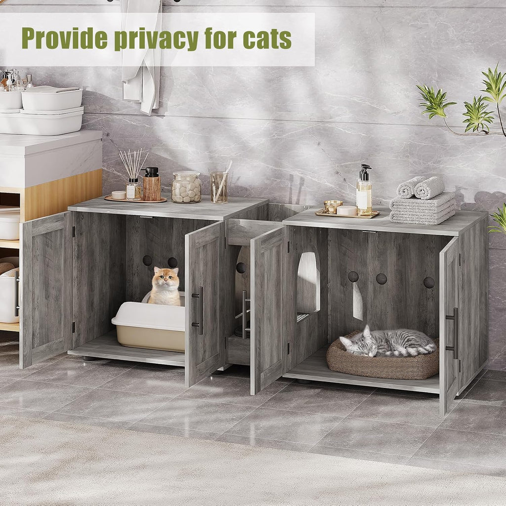 TrailBlaze Double Compartment Cat Litter Box Enclosure Cabinet for 2 Cats, Hidden Wooden Cat Washroom Furniture, Large Capacity Multi Purpose Side End Table & TV Stand for Living Room- Grey
