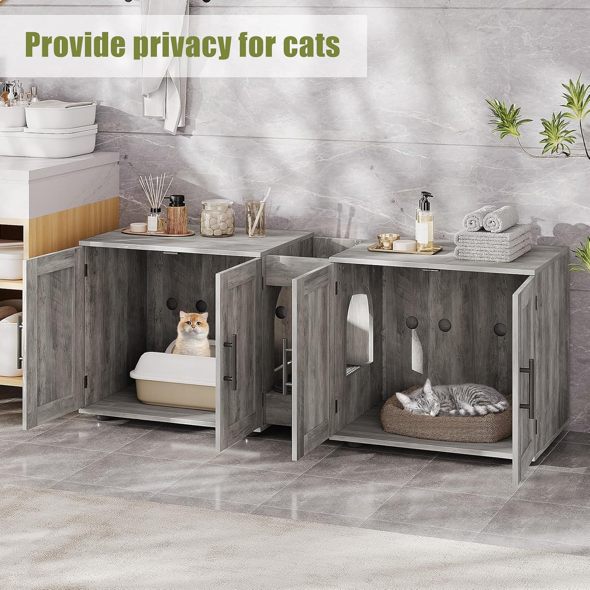 TrailBlaze Double Compartment Cat Litter Box Enclosure Cabinet for 2 Cats, Hidden Wooden Cat Washroom Furniture, Large Capacity Multi Purpose Side End Table & TV Stand for Living Room- Grey