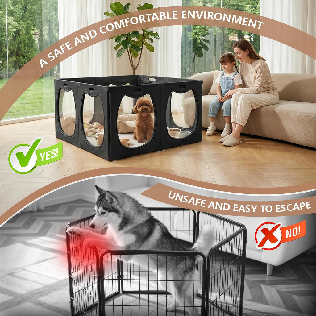 HABUTWAY Acrylic Dog Playpen for Indoor Use – Clear Small Pet Play Pen for Puppies, Cats, Rabbits & Ferrets – Easy Assemble, Durable & Portable Pet Enclosure (Black, 24" H, 8 Panels)