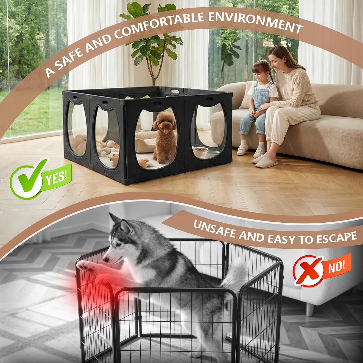 HABUTWAY Acrylic Dog Playpen for Indoor Use – Clear Small Pet Play Pen for Puppies, Cats, Rabbits & Ferrets – Easy Assemble, Durable & Portable Pet Enclosure (Black, 24" H, 8 Panels)