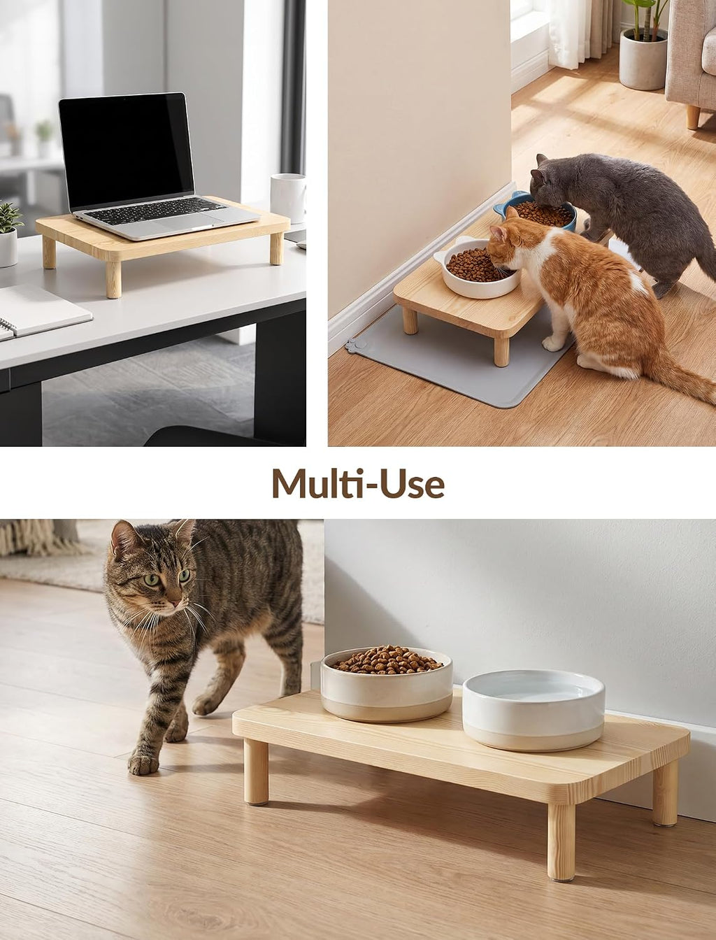 NiHome Cat Feeder Stand, Adjustable Height Wood Cat Food Table with Mat