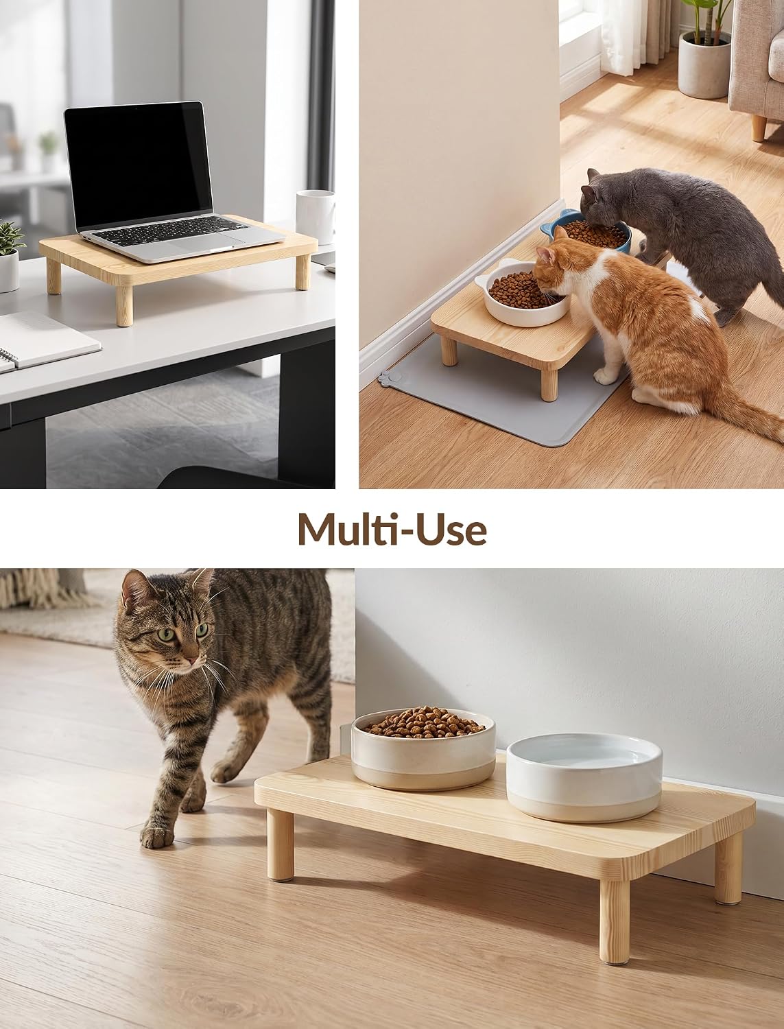 NiHome Cat Feeder Stand, Adjustable Height Wood Cat Food Table with Mat