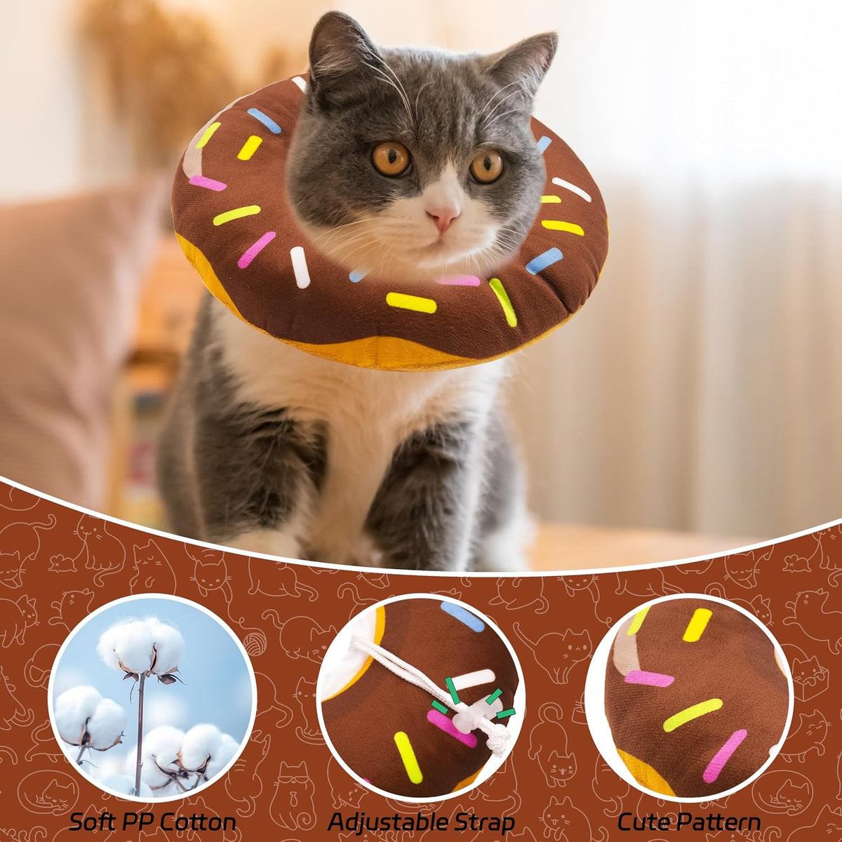 Seyezo Cat Cone Collar Soft, Adjustable Cat Recovery Collars, Donut Brown M