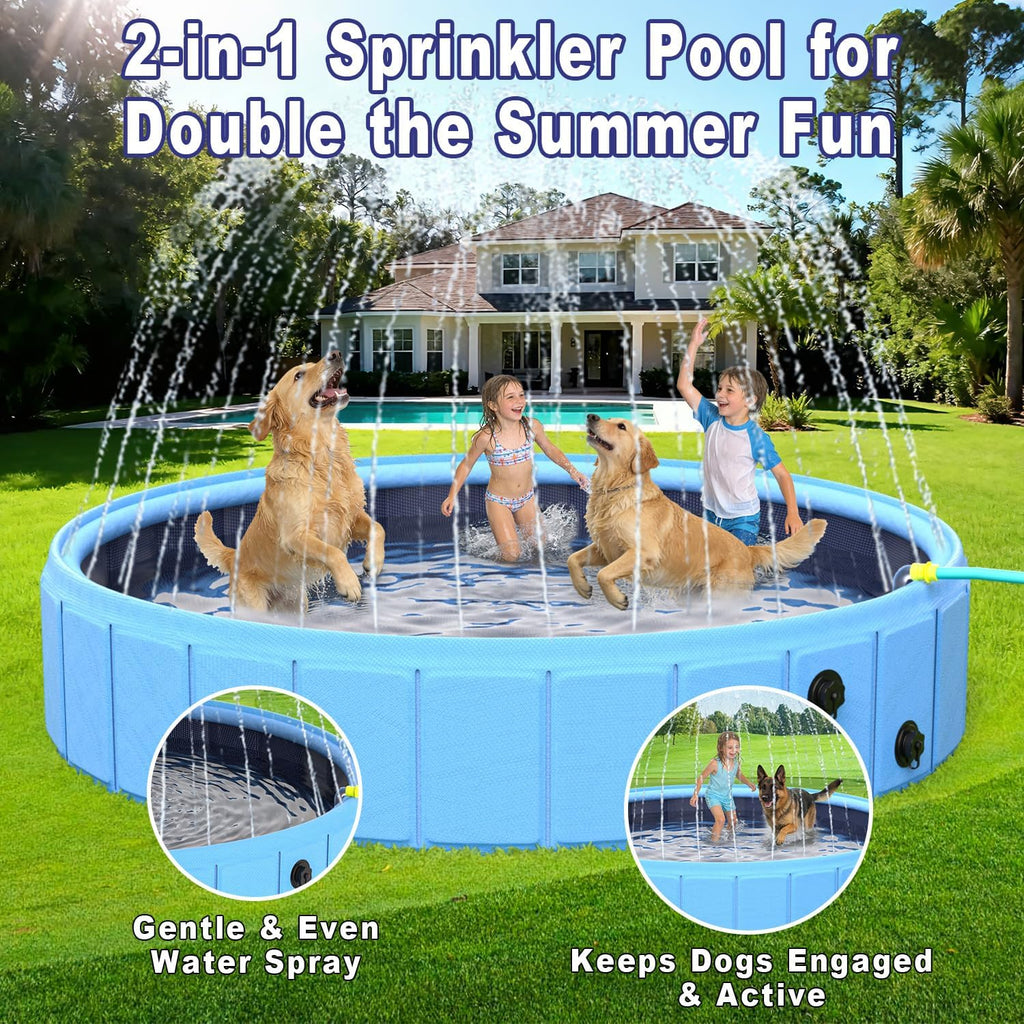 Foldable Dog Pool with Sprinkler, 106" Extra Large Non-Slip Dog Swimming Pool, 2-in-1 Outdoor Backyard Pet Bathing Tub with Drain Plug for Dogs Kids Pets Ducks