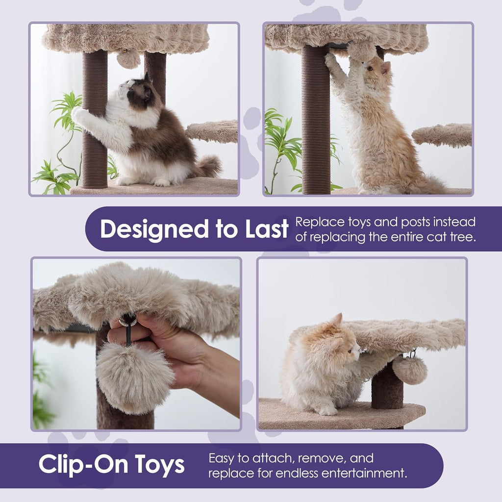 Catry 7-Level Cat Tree for Indoor Cats, Multi-Level Cat Tower with Replaceable Paper Rope Scratching Posts, Elevated Perch Bed, Cozy Condo Hideaway, Hammock, Plush Shag Fur Padding & 2 Hanging Toys
