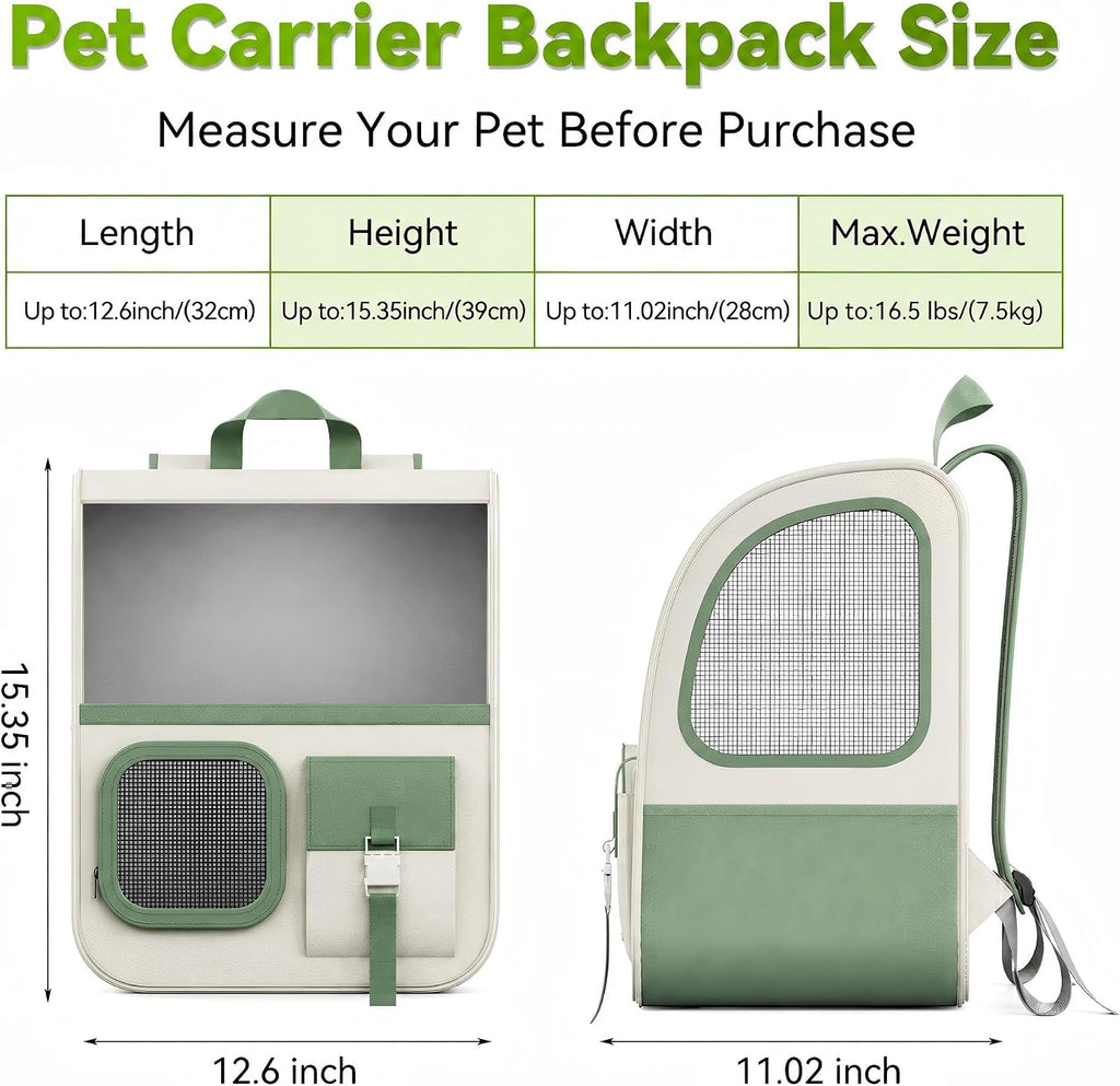 Large Cat Backpack Carrier with Front Window & Super Large Space, Designed for Long Adventures Travel Hiking, Pet Carrier Backpack for Cats Small Puppies up to 16.5lbs, Green White