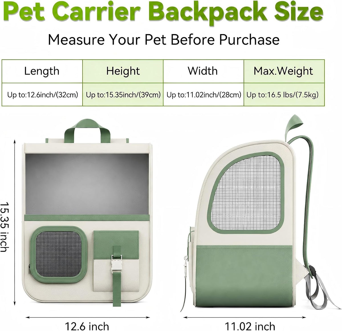 Large Cat Backpack Carrier with Front Window & Super Large Space, Designed for Long Adventures Travel Hiking, Pet Carrier Backpack for Cats Small Puppies up to 16.5lbs, Green White