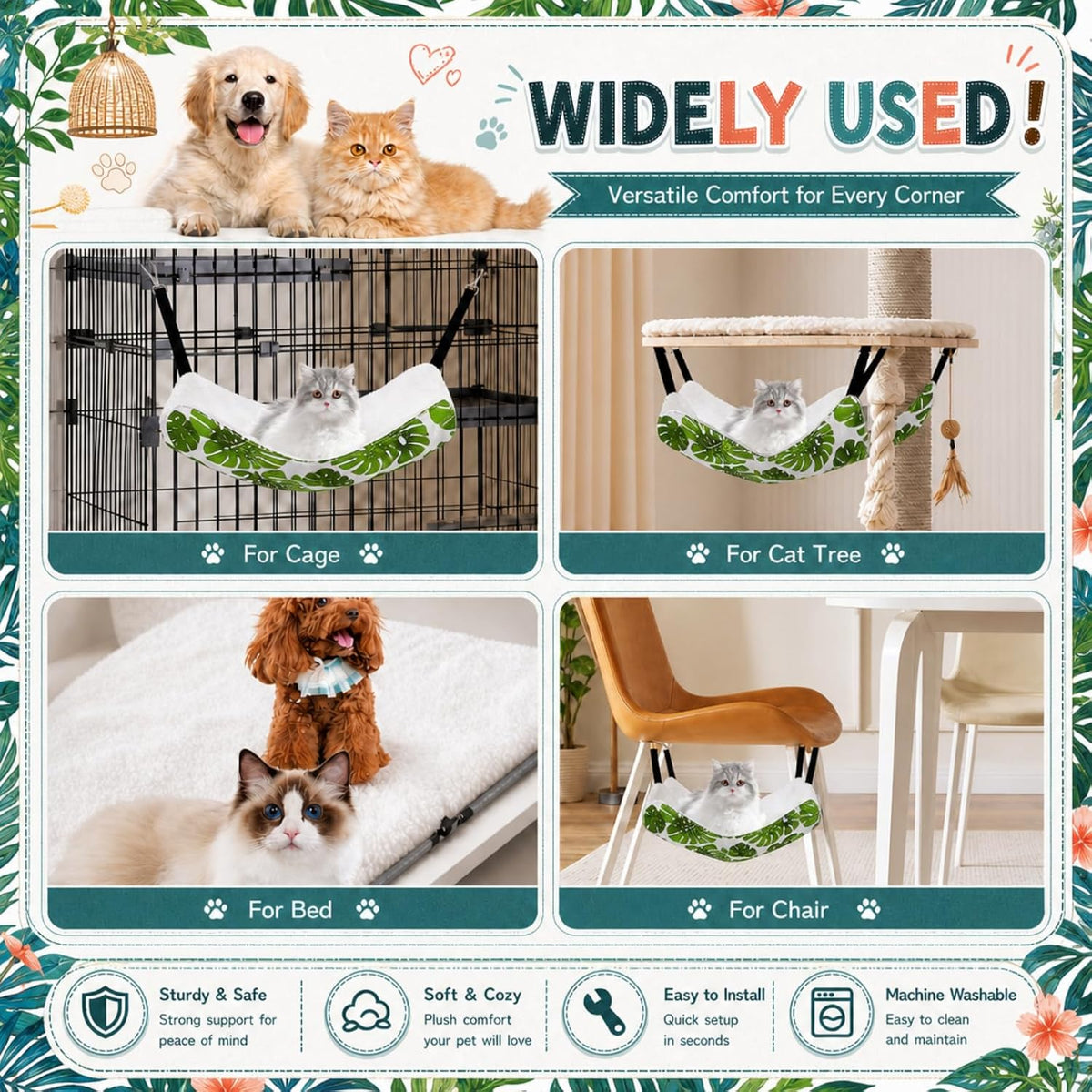 Jetec 2 Pack Cat Hammock for Cage, Monstera Leaf, L