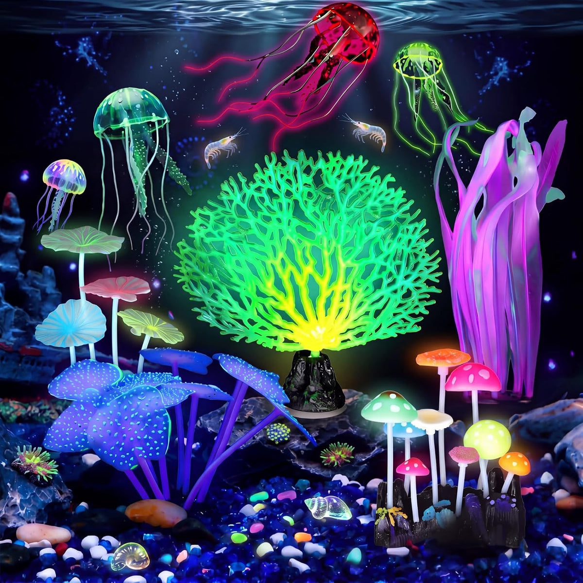 Frienda 8 Pcs Glowing Aquarium Fish Tank Decorations, Blue, Pink