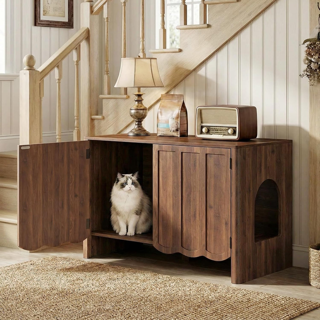 HOOBRO Cat Litter Box Enclosure, 31.5" Hidden Litter Box Furniture with Wavy Panels & Side Entry, Push-to-Open Doors, Litter Box Cabinet, Living Room End Side Table, Walnut WL27MW01