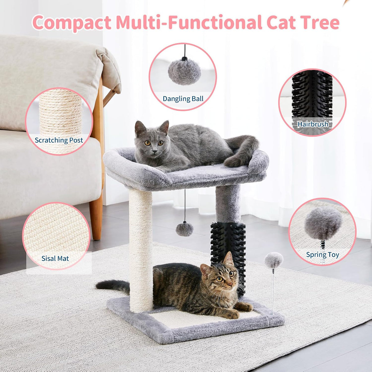 Made4Pets Cat Scratching Post with Bed and Self Groomer, Small Cat Tree 20"