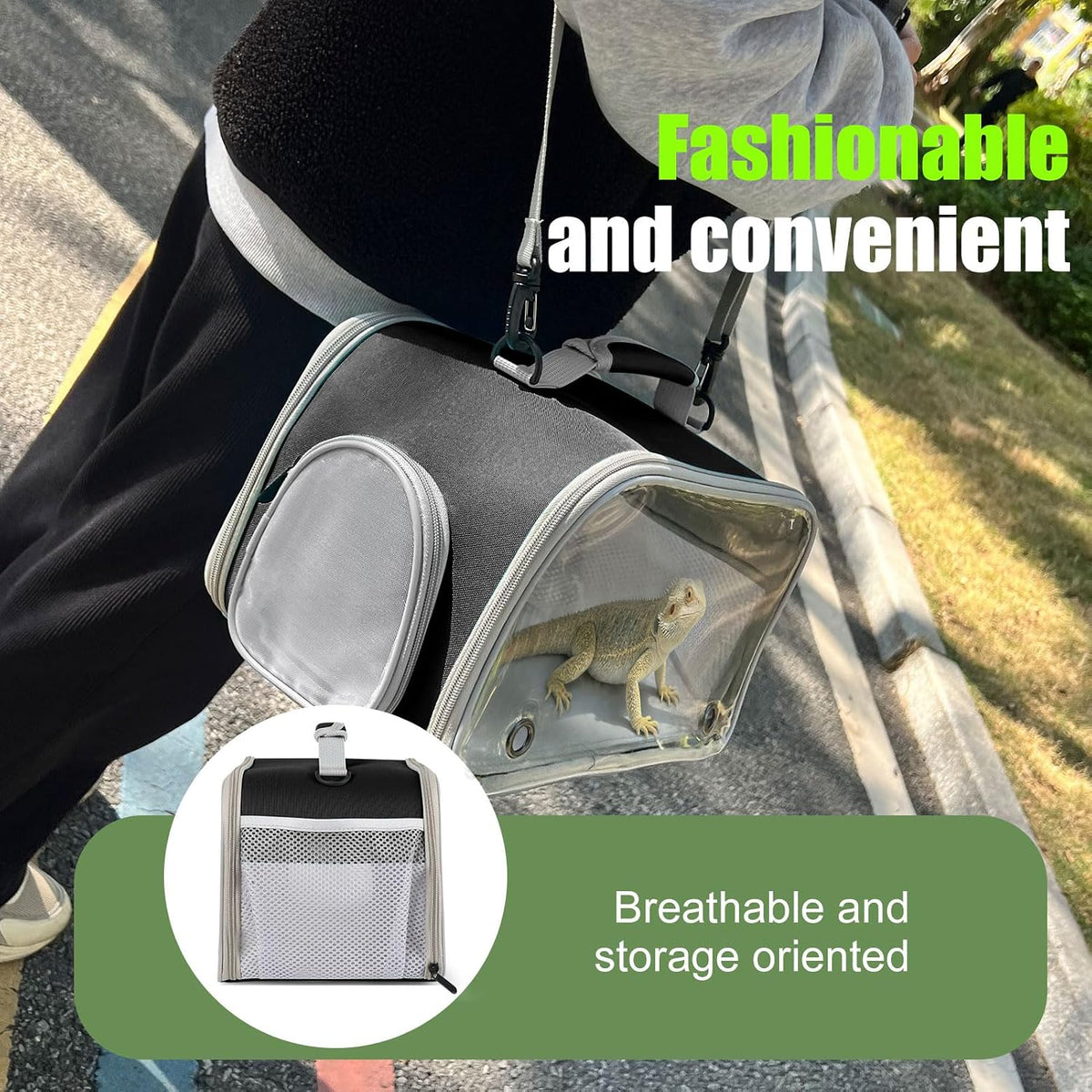 WEVONIGU Scratch-Resistant Bearded Dragon Backpack Foldable Gecko Carrier Ventilation Travel Bag with Clear View Window Dual Carry Cage Options for Travel Hiking & Vet Visits