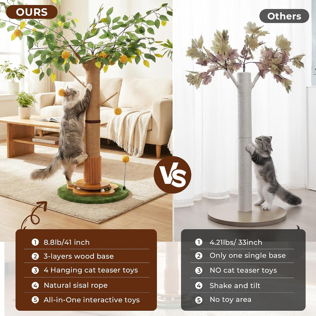 41" Tall Cat Scratching Post for Large Cats - XL Sturdy Cat Scratching Post with Solid Wood Base, Sisal Rope Scratching Posts for Indoor Cats Adults with Self-Grooming Brush, 4 Detachable Hanging Toys