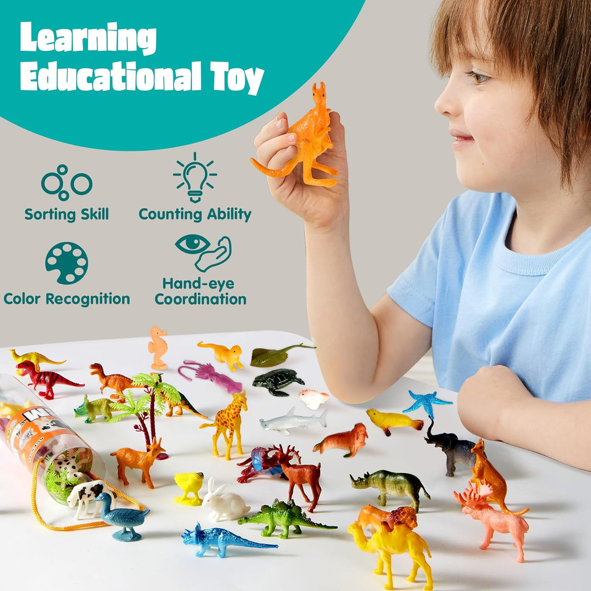 JOYIN 69 Pcs Small Animal Figures, Mini Jungle Toy Set with Sensory Bin, Realistic Wild Forest Playset, Zoo, Ocean, Farm Animals Figurines, Dinosaur Party Favors, Easter Gifts for Boys and Girls 3-5
