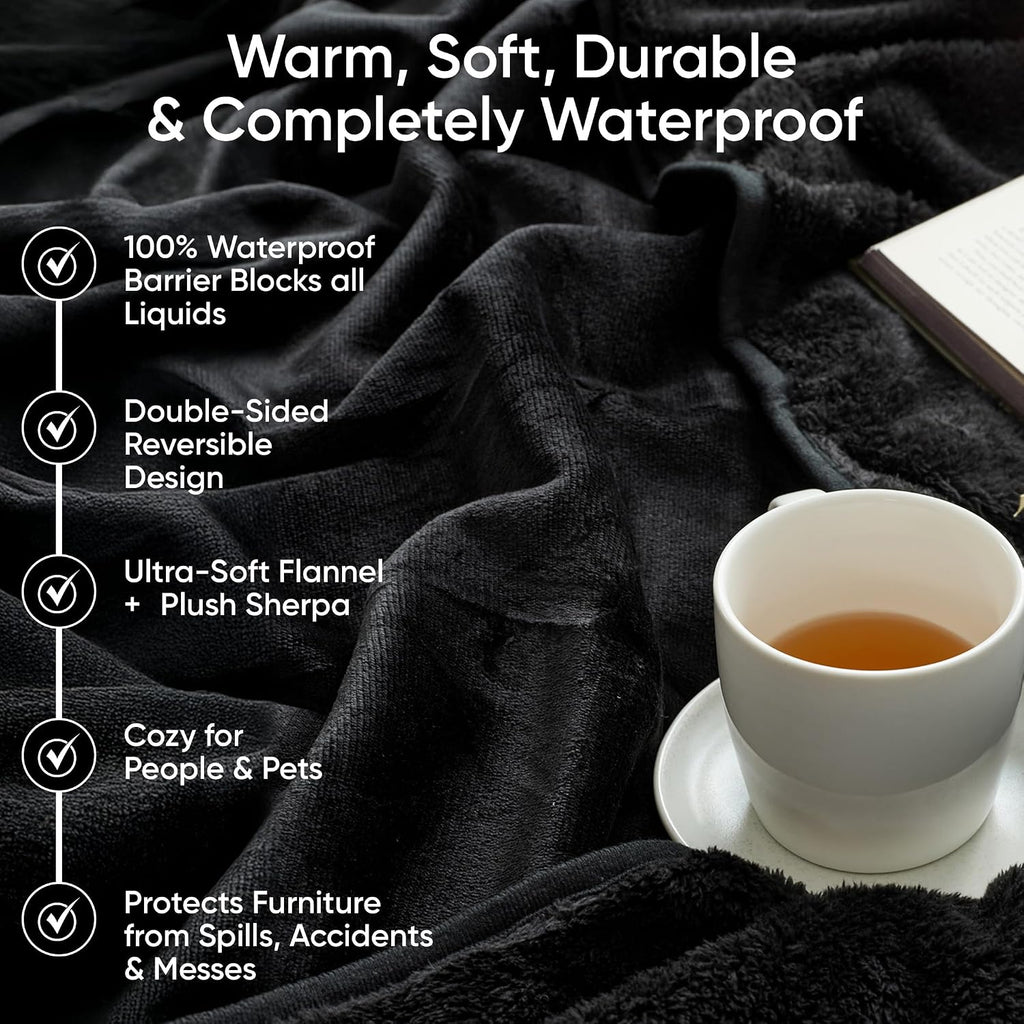 Waterproof Blanket for Bed, Couch & Sofa, Reversible Sherpa & Flannel Throw Blanket, Leakproof Soft Washable Furniture Protector for Pets & Home (Black, 40"x60")