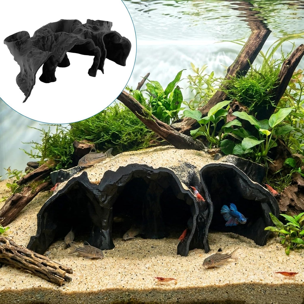 Black Aquarium Cave for Fish Tank, 3D Printed Fish Hideout Tunnel