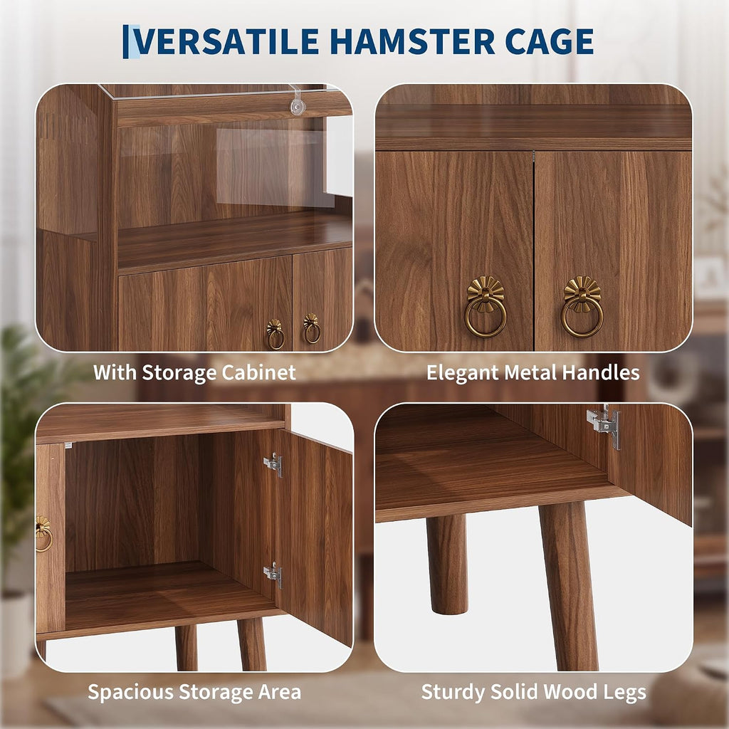Patikuin Large Hamster Cage Enclosure, Acrylic Small Animal Habitat with Storage Stand, Lockable Top & Ventilation, for Hamster, Guinea Pig, Rat, Hedgehog, Gerbil, Walnut