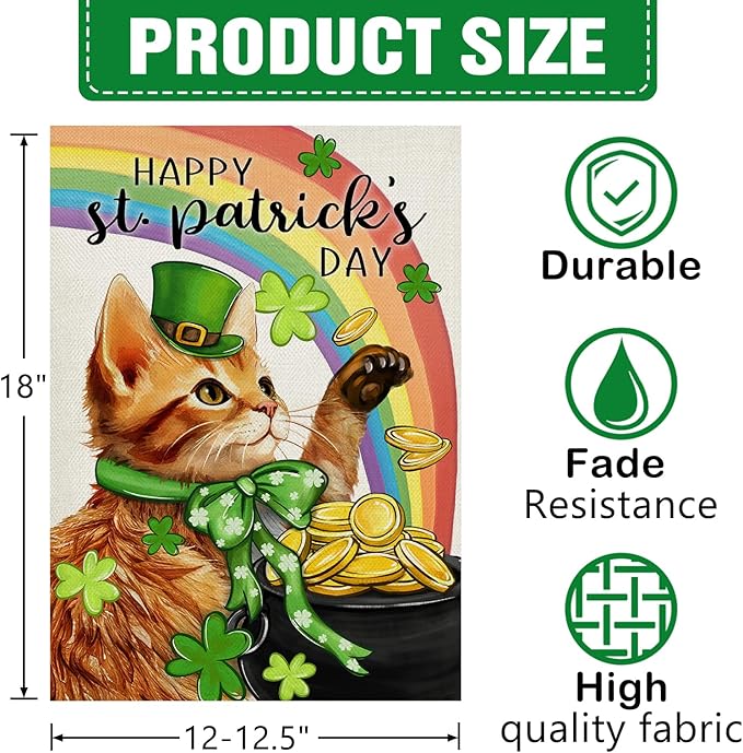 Dyrenson Happy St Patricks Day Orange Cat Decorative Garden Flag, Pet Rainbow - Image 2