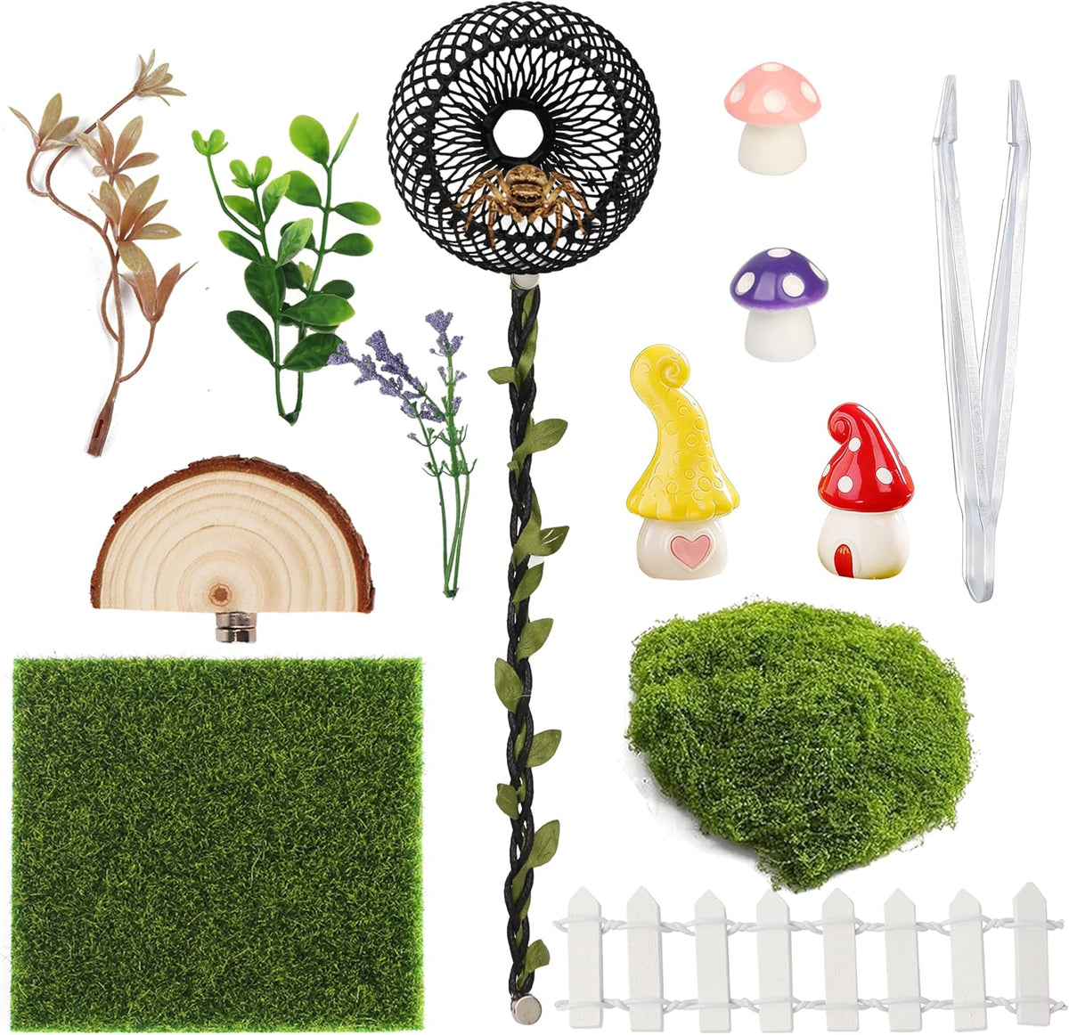 Jumping Spider Enclosure Accessories Kit, 14Pcs Spider Tank Decor Set with Hide, Plants, Moss, Ledge & Tools for Tarantula Habitat Decor（The Product Does not Include a breeding Box.）