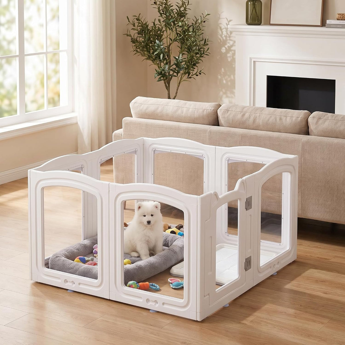 Clear Acrylic Dog Playpen Indoor, 24" H 8 Panel Dog Fence with Door, White