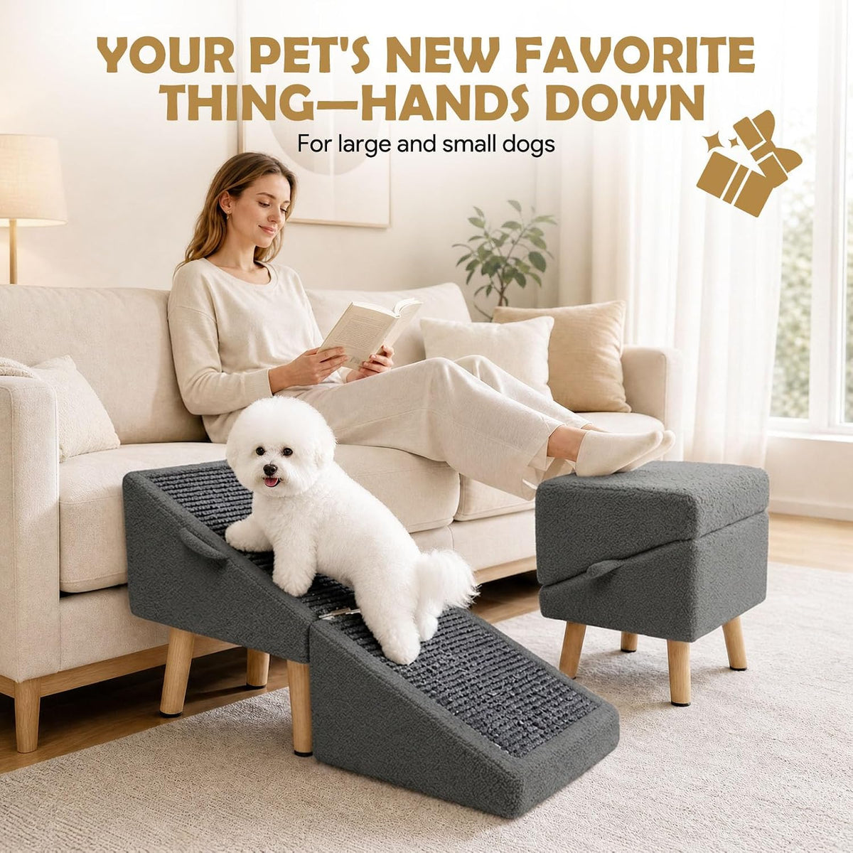 2-1 Foldable Dog Ramp & Ottoman for Couch and Low Bed 16" H