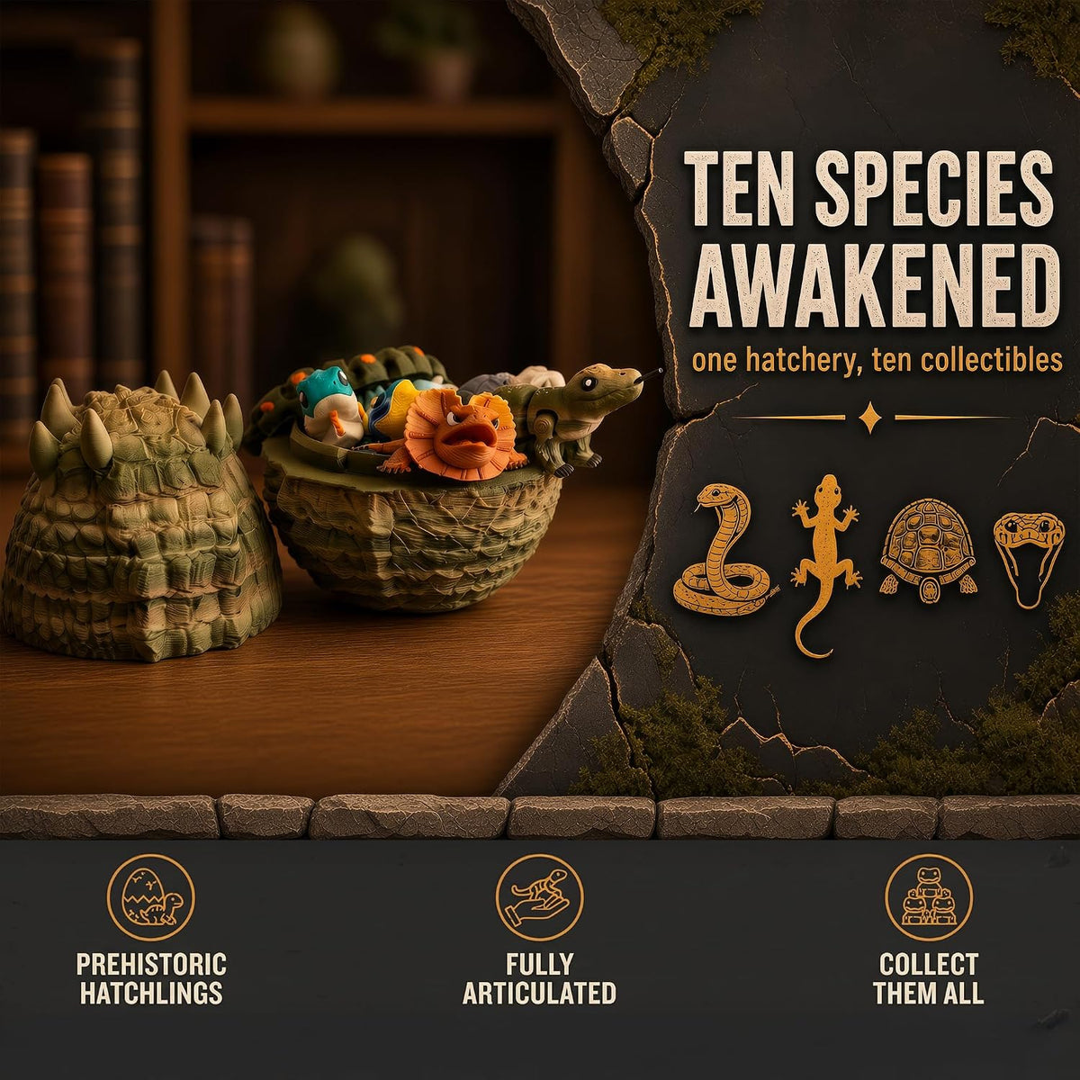 Reptile Collection Series 2 with Crocodile Egg Hatchery - 10 Articulated 3D Printed Mini Lizards, Snake & Turtles, Miniature Shelf Display for Reptile Enthusiasts, 3D Printed Lizard and Snake Set