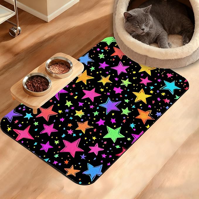 Neon Stars Dog Food Mat, Bright Colorful Absorbent Pet Feeding Mat by Unknown