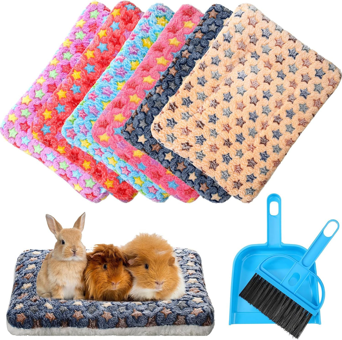 Yulejo 6 Pieces Guinea Pig Bed Mats with Cleaning Dustpan Brush Washable Plush Cage Lines Soft Fleece Sleeping Bedding Pads for Hamster Bunny Chinchilla Squirrel Small Animals (Cute Color, Star)
