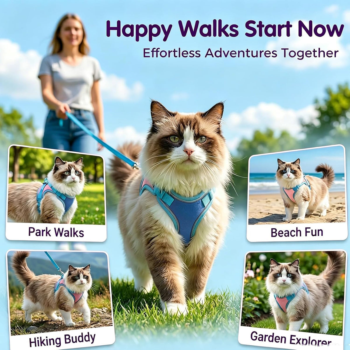 Cat Harness and Leash, Escape-Proof Cat Harness Set, Adjustable Step-in Pet Harness for Walking for Small Medium Cats/Dogs-Blue (M ： 4-9 IB)