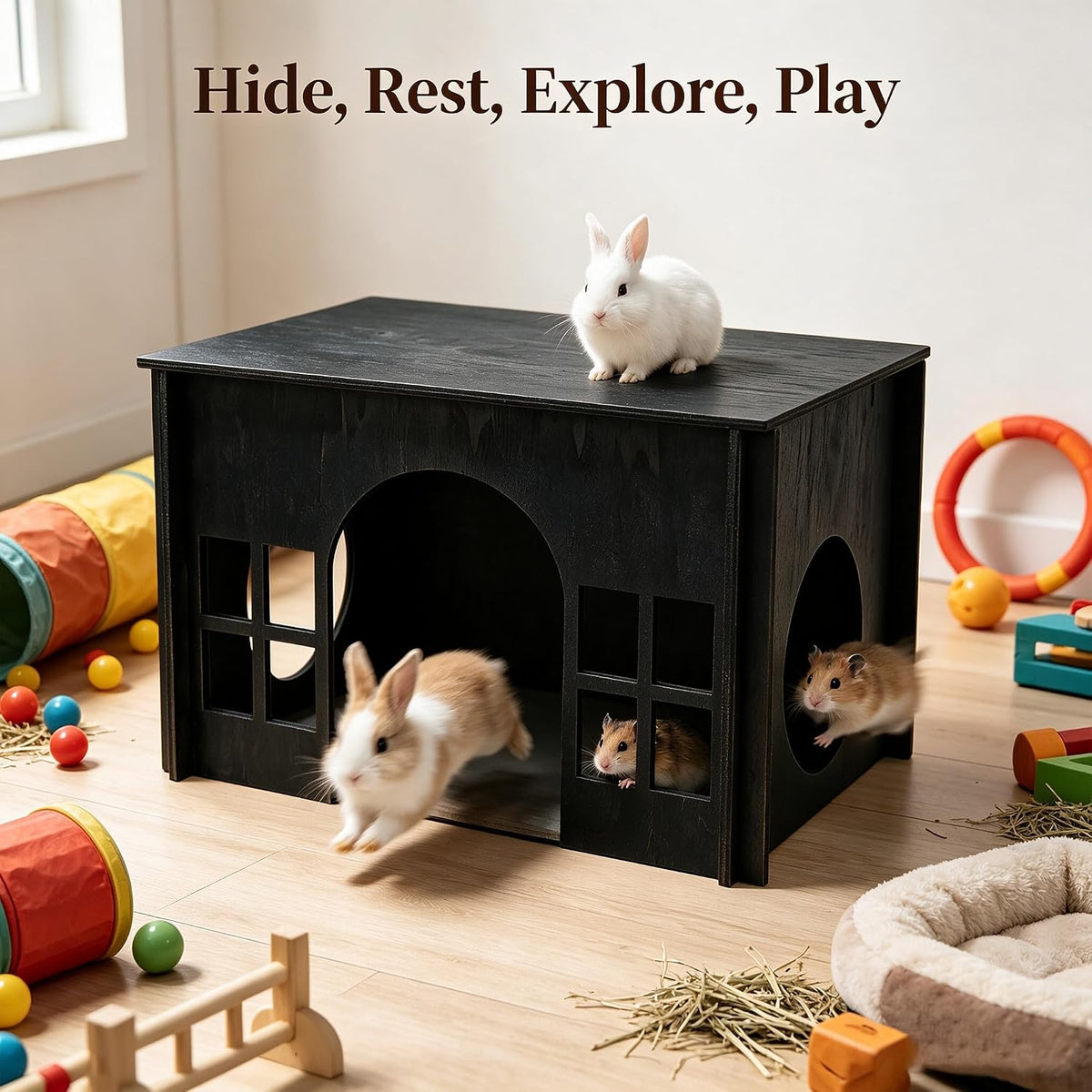 Wooden Bunny House Rabbit Hideout,Large Castle Hideaway