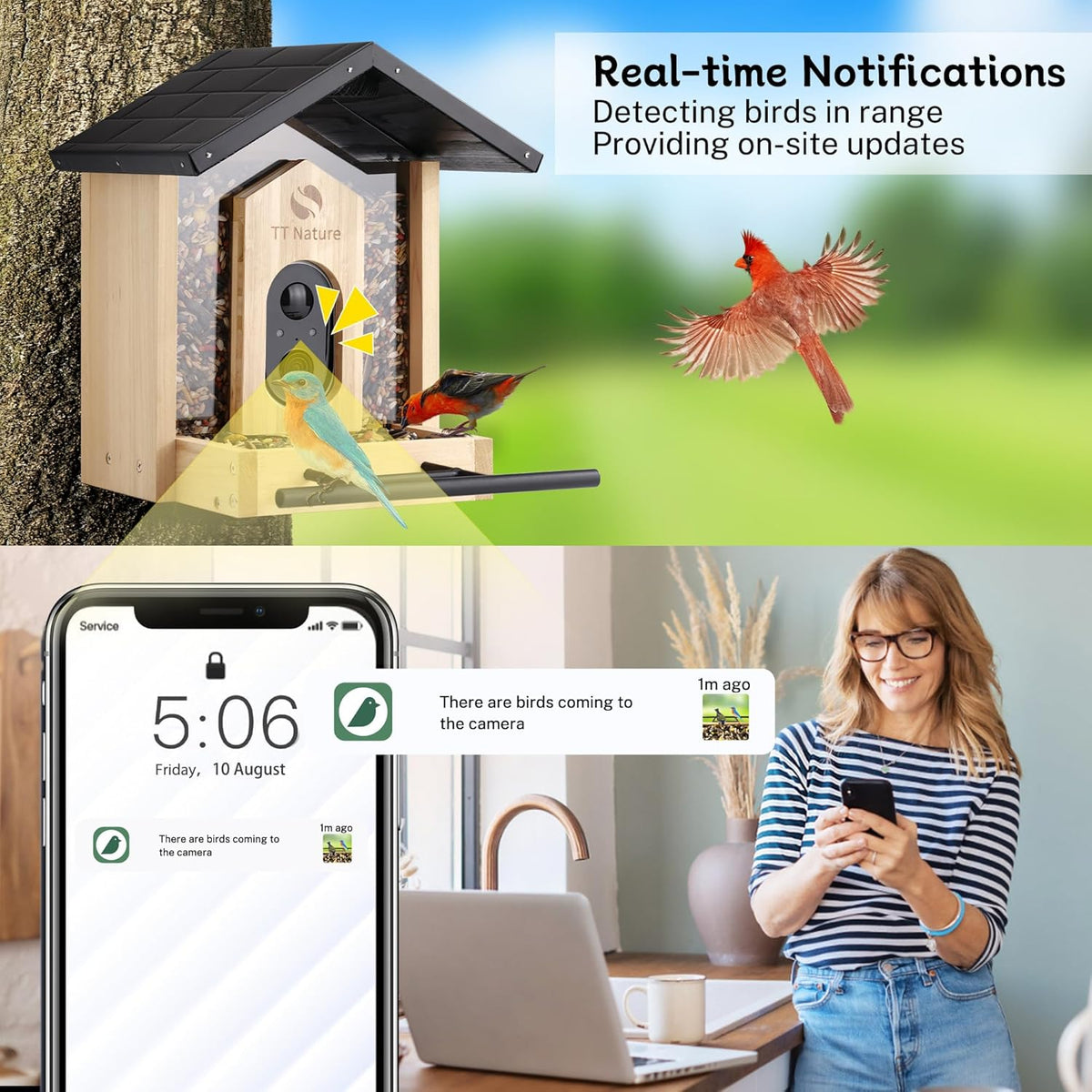 TT Nature Bird Feeder with Camera, Upgraded 1.5L Smart Birdhouse Al Identify for 10000 Plus Species, Auto Capture & Real-time Notifications, Ideal Gift for Bird Lovers (Iron Roof)