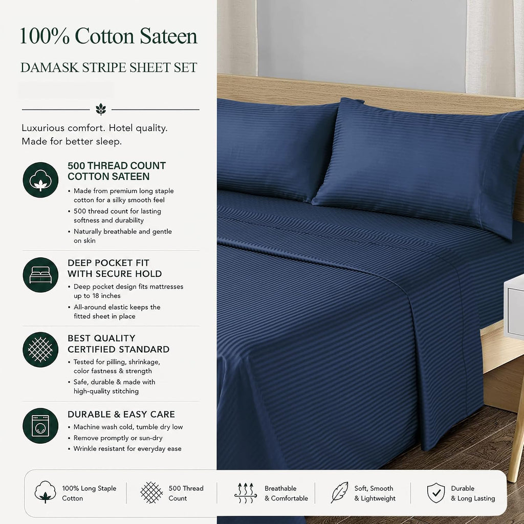 Feather & Stitch 100% Cotton Sateen 500 TC King Size Bed Sheet Set