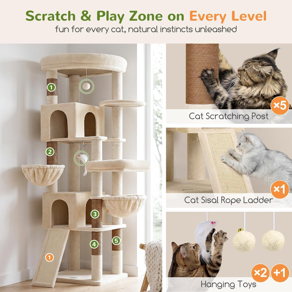 Globlazer Maine Coon Corner Cat Tree for Indoor Cats 74in, C74, Beige