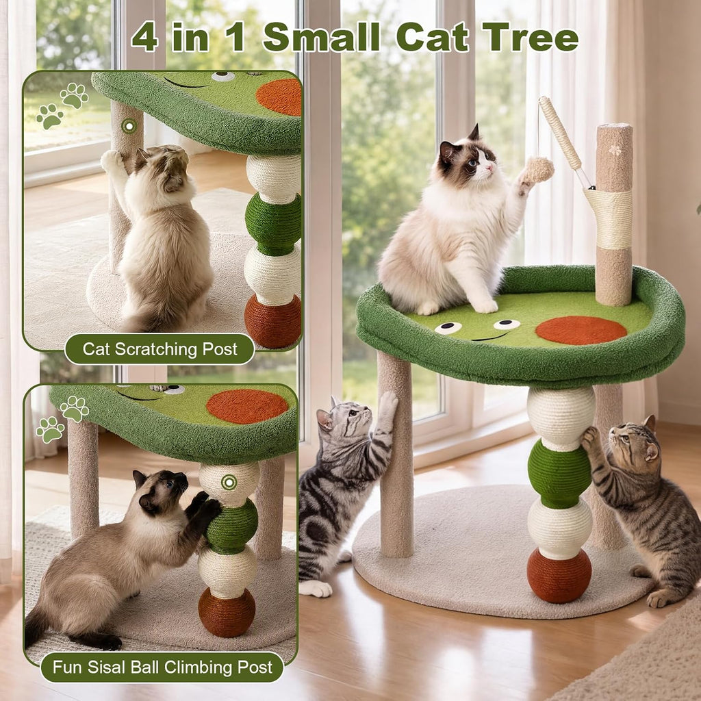 Small Cat Tree, 28" Cat Tower for Window Viewing, Beige and Green
