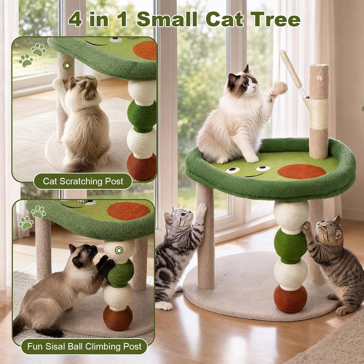 Small Cat Tree, 28" Cat Tower for Window Viewing, Beige and Green