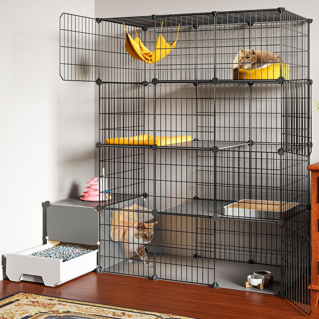 Oneluck Cat Cage with Litter Box,4-Tier DIY Enclosures Large Playpen Detachable Metal Wire Kennel Indoor Crate Large Exercise Place Ideal for 1-2 Cats (41.3" L x 17.8" W x 55.1" H)