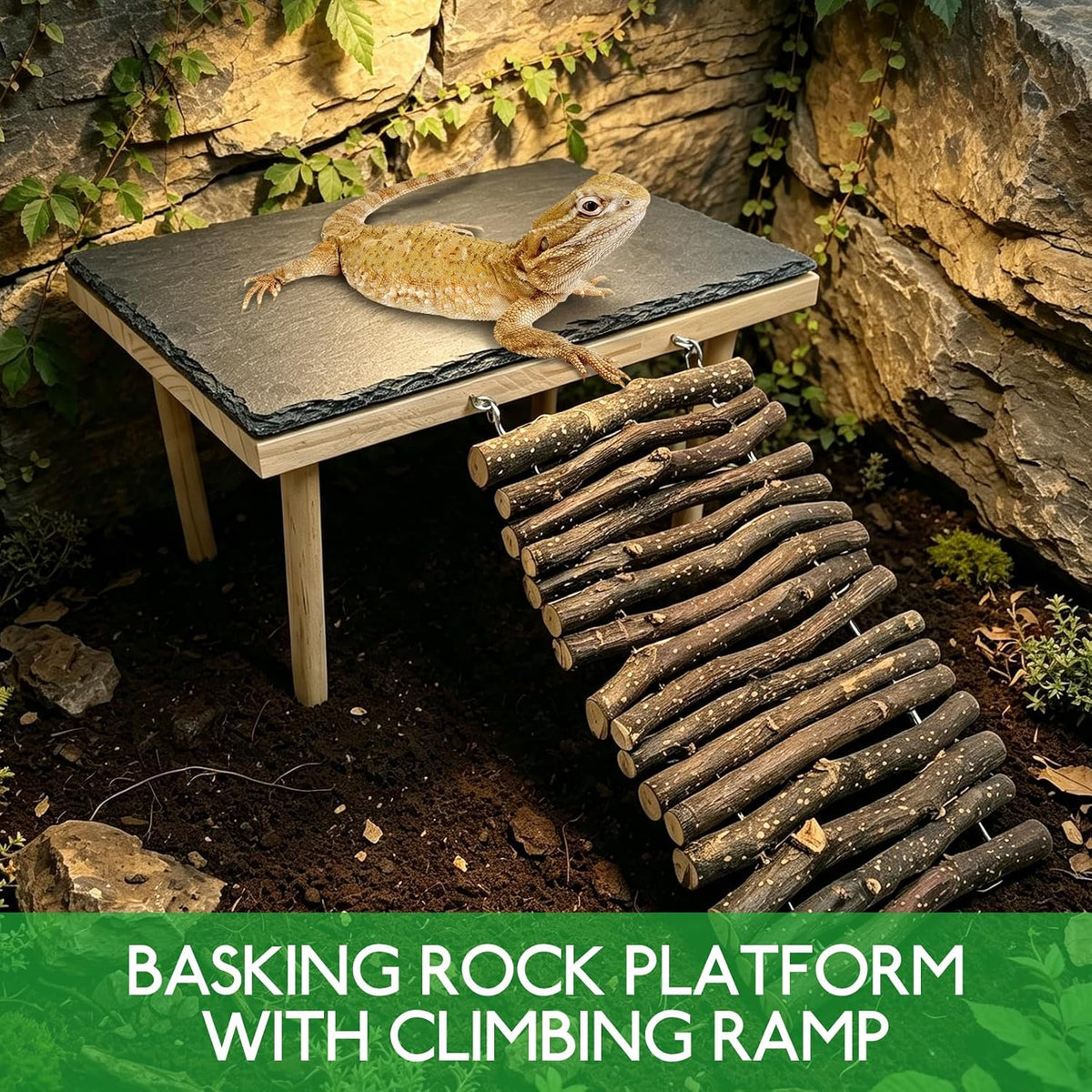 BNOSDM Basking Rock Platform with Climbing Ramp Reptiles Hideout Bearded Dragon Hide Cave Reptile Tank Accessories Suit for Tortoise, Lizard, Toad, Gecko (Large)