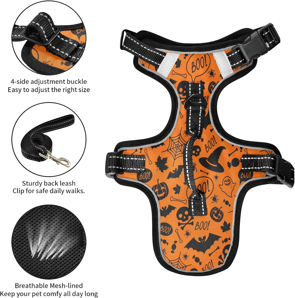 Halloween Skull Pumpkin Dog/Cat Harness, Reflective No-Pull Pet Harness with 2 Leash Clips, Fully Adjustable Soft Padded Dog Vest, No-Choke Pet Oxford Vest