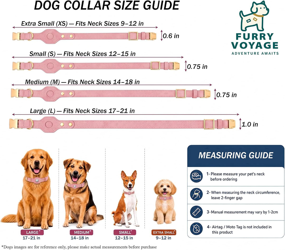 FurryVoyage Adjustable Pet Collar with Built-in Tracker Holder for Apple AirTag & Moto Tag, PU Leather Dog Collar, Quick Release Metal Buckle, D-Ring & Dual Screw Anti-Lost Design (Pink, XS (9"-12"))