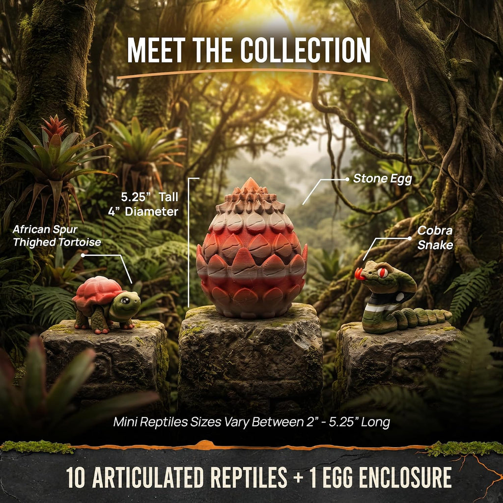 Reptile Collection with Rustic Stone Egg Hatchery - 10 Articulated 3D Printed Mini Lizards, Snake & Turtles, Miniature Shelf Display for Reptile Enthusiasts, 3D Printed Lizard and Snake Set