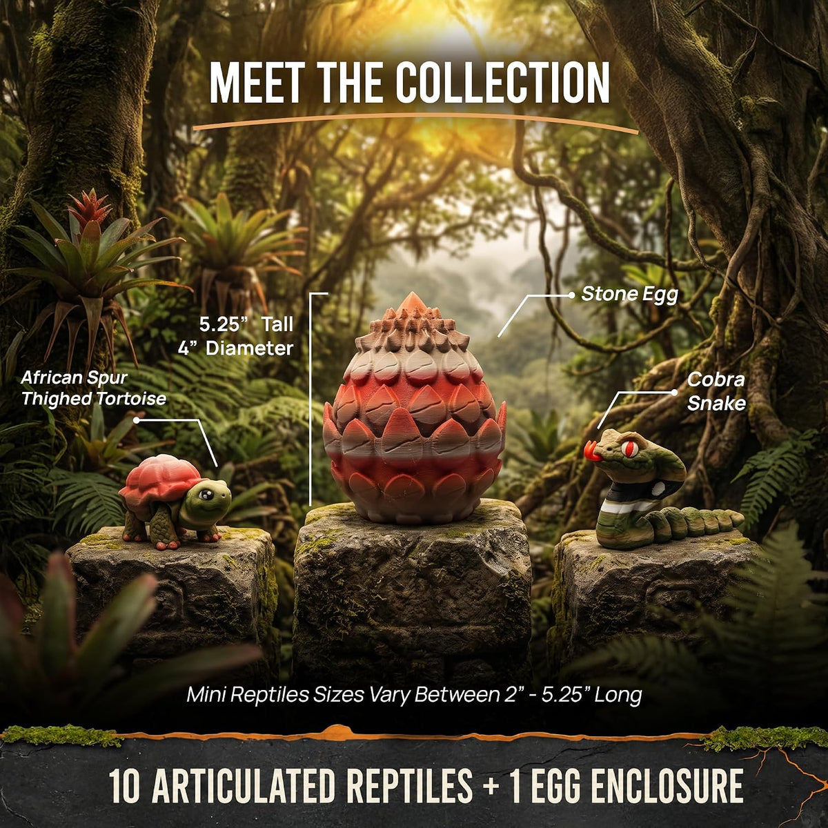 Reptile Collection with Rustic Stone Egg Hatchery - 10 Articulated 3D Printed Mini Lizards, Snake & Turtles, Miniature Shelf Display for Reptile Enthusiasts, 3D Printed Lizard and Snake Set
